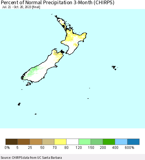 New Zealand Percent of Normal Precipitation 3-Month (CHIRPS) Thematic Map For 7/21/2023 - 10/20/2023