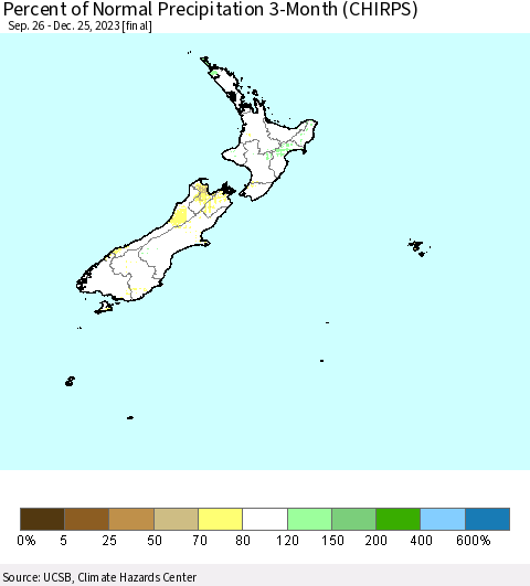 New Zealand Percent of Normal Precipitation 3-Month (CHIRPS) Thematic Map For 9/26/2023 - 12/25/2023