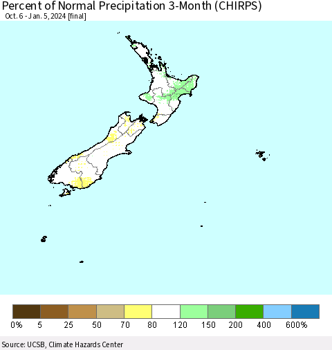 New Zealand Percent of Normal Precipitation 3-Month (CHIRPS) Thematic Map For 10/6/2023 - 1/5/2024