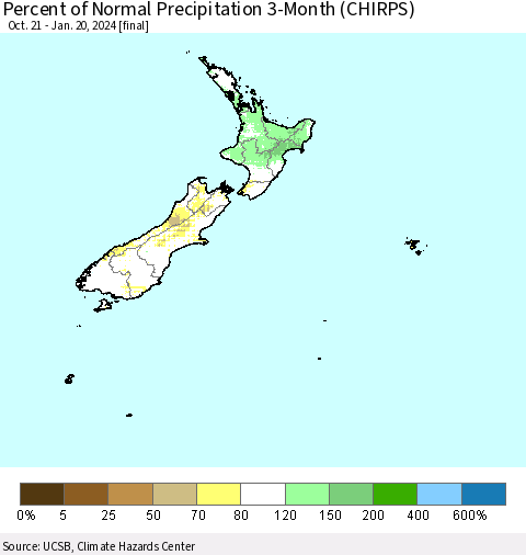 New Zealand Percent of Normal Precipitation 3-Month (CHIRPS) Thematic Map For 10/21/2023 - 1/20/2024
