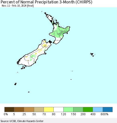 New Zealand Percent of Normal Precipitation 3-Month (CHIRPS) Thematic Map For 11/11/2023 - 2/10/2024