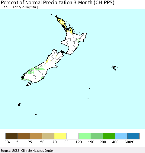 New Zealand Percent of Normal Precipitation 3-Month (CHIRPS) Thematic Map For 1/6/2024 - 4/5/2024