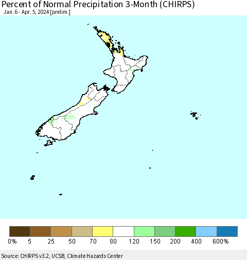 New Zealand Percent of Normal Precipitation 3-Month (CHIRPS) Thematic Map For 1/6/2024 - 4/5/2024