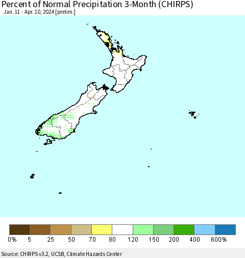 New Zealand Percent of Normal Precipitation 3-Month (CHIRPS) Thematic Map For 1/11/2024 - 4/10/2024