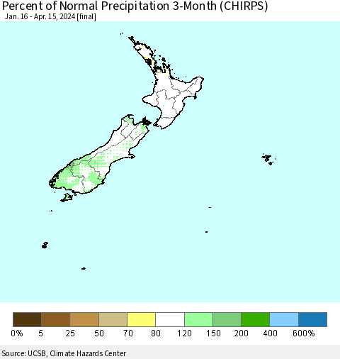 New Zealand Percent of Normal Precipitation 3-Month (CHIRPS) Thematic Map For 1/16/2024 - 4/15/2024