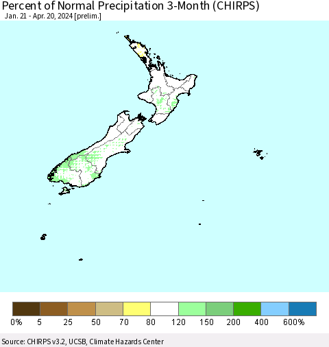 New Zealand Percent of Normal Precipitation 3-Month (CHIRPS) Thematic Map For 1/21/2024 - 4/20/2024
