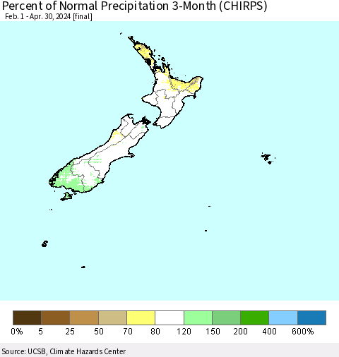 New Zealand Percent of Normal Precipitation 3-Month (CHIRPS) Thematic Map For 2/1/2024 - 4/30/2024