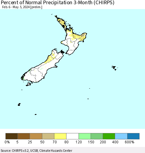 New Zealand Percent of Normal Precipitation 3-Month (CHIRPS) Thematic Map For 2/6/2024 - 5/5/2024