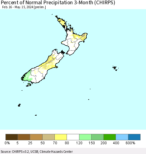 New Zealand Percent of Normal Precipitation 3-Month (CHIRPS) Thematic Map For 2/16/2024 - 5/15/2024