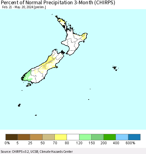 New Zealand Percent of Normal Precipitation 3-Month (CHIRPS) Thematic Map For 2/21/2024 - 5/20/2024