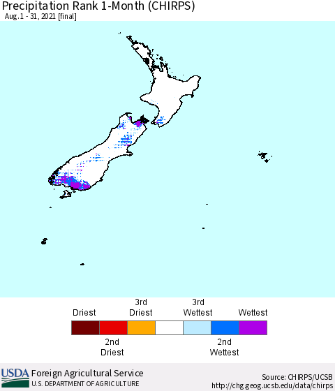 New Zealand Precipitation Rank since 1981, 1-Month (CHIRPS) Thematic Map For 8/1/2021 - 8/31/2021