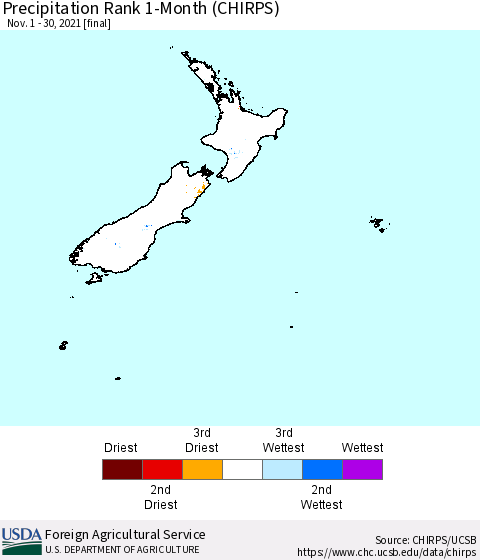 New Zealand Precipitation Rank since 1981, 1-Month (CHIRPS) Thematic Map For 11/1/2021 - 11/30/2021