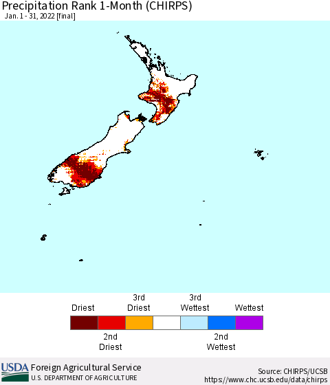New Zealand Precipitation Rank since 1981, 1-Month (CHIRPS) Thematic Map For 1/1/2022 - 1/31/2022