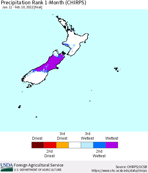 New Zealand Precipitation Rank since 1981, 1-Month (CHIRPS) Thematic Map For 1/11/2022 - 2/10/2022