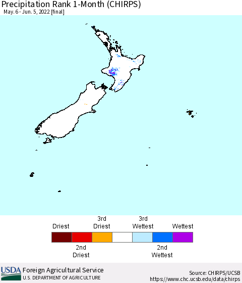 New Zealand Precipitation Rank since 1981, 1-Month (CHIRPS) Thematic Map For 5/6/2022 - 6/5/2022