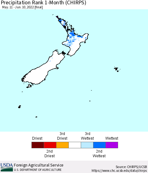 New Zealand Precipitation Rank since 1981, 1-Month (CHIRPS) Thematic Map For 5/11/2022 - 6/10/2022