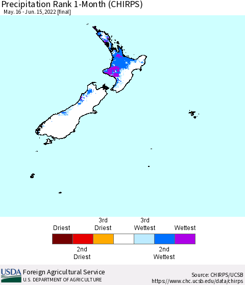 New Zealand Precipitation Rank since 1981, 1-Month (CHIRPS) Thematic Map For 5/16/2022 - 6/15/2022