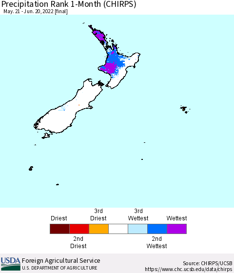 New Zealand Precipitation Rank since 1981, 1-Month (CHIRPS) Thematic Map For 5/21/2022 - 6/20/2022