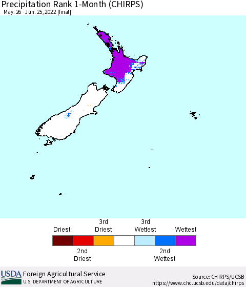 New Zealand Precipitation Rank since 1981, 1-Month (CHIRPS) Thematic Map For 5/26/2022 - 6/25/2022