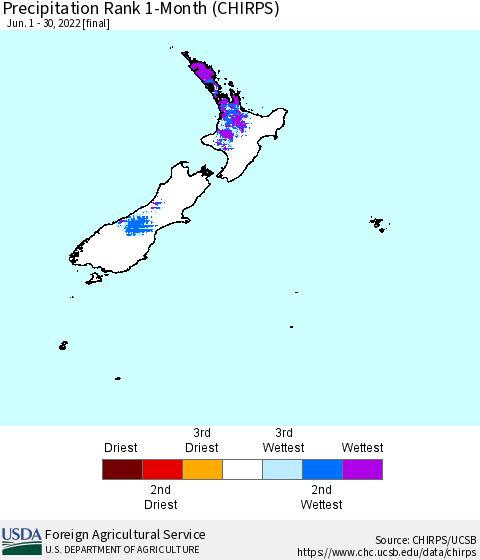 New Zealand Precipitation Rank since 1981, 1-Month (CHIRPS) Thematic Map For 6/1/2022 - 6/30/2022