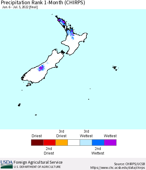 New Zealand Precipitation Rank since 1981, 1-Month (CHIRPS) Thematic Map For 6/6/2022 - 7/5/2022