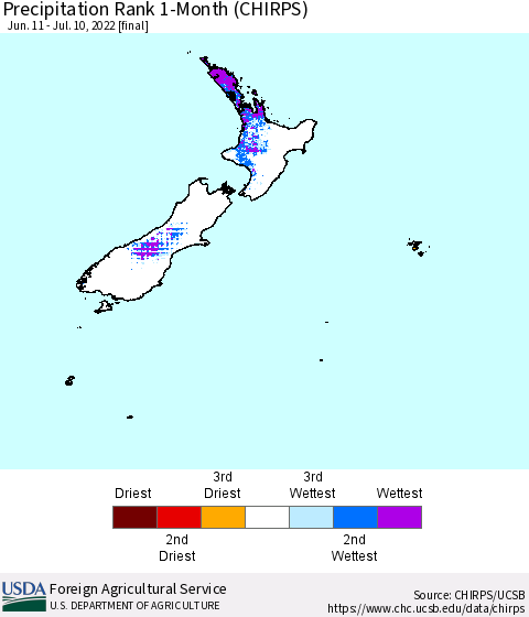 New Zealand Precipitation Rank since 1981, 1-Month (CHIRPS) Thematic Map For 6/11/2022 - 7/10/2022