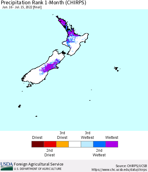 New Zealand Precipitation Rank since 1981, 1-Month (CHIRPS) Thematic Map For 6/16/2022 - 7/15/2022