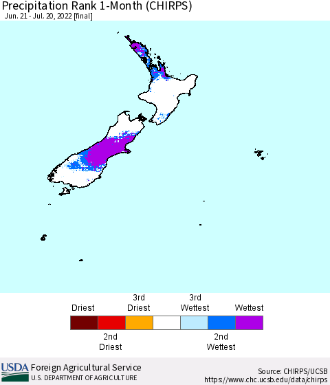 New Zealand Precipitation Rank since 1981, 1-Month (CHIRPS) Thematic Map For 6/21/2022 - 7/20/2022