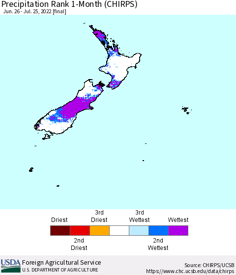 New Zealand Precipitation Rank since 1981, 1-Month (CHIRPS) Thematic Map For 6/26/2022 - 7/25/2022