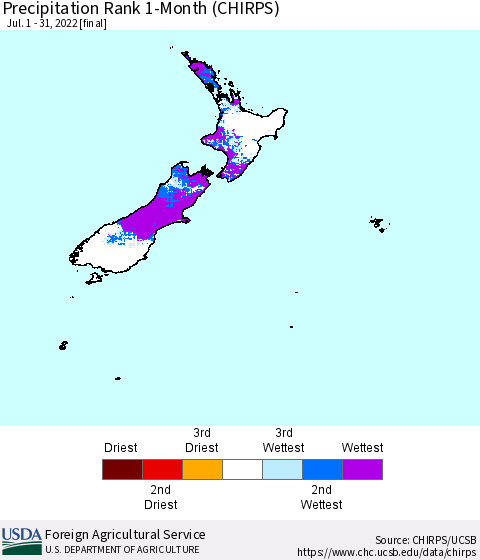New Zealand Precipitation Rank since 1981, 1-Month (CHIRPS) Thematic Map For 7/1/2022 - 7/31/2022