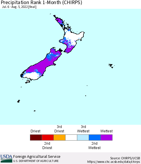 New Zealand Precipitation Rank since 1981, 1-Month (CHIRPS) Thematic Map For 7/6/2022 - 8/5/2022