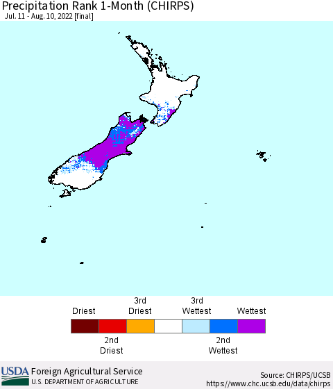 New Zealand Precipitation Rank since 1981, 1-Month (CHIRPS) Thematic Map For 7/11/2022 - 8/10/2022