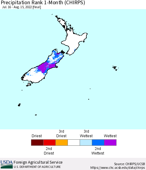 New Zealand Precipitation Rank since 1981, 1-Month (CHIRPS) Thematic Map For 7/16/2022 - 8/15/2022