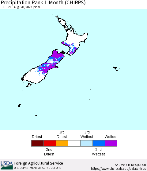 New Zealand Precipitation Rank since 1981, 1-Month (CHIRPS) Thematic Map For 7/21/2022 - 8/20/2022