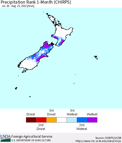 New Zealand Precipitation Rank since 1981, 1-Month (CHIRPS) Thematic Map For 7/26/2022 - 8/25/2022