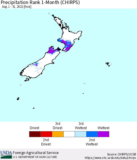 New Zealand Precipitation Rank since 1981, 1-Month (CHIRPS) Thematic Map For 8/1/2022 - 8/31/2022