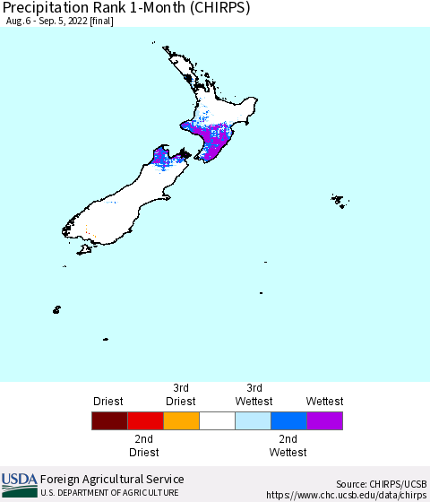 New Zealand Precipitation Rank since 1981, 1-Month (CHIRPS) Thematic Map For 8/6/2022 - 9/5/2022