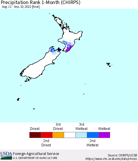 New Zealand Precipitation Rank since 1981, 1-Month (CHIRPS) Thematic Map For 8/11/2022 - 9/10/2022