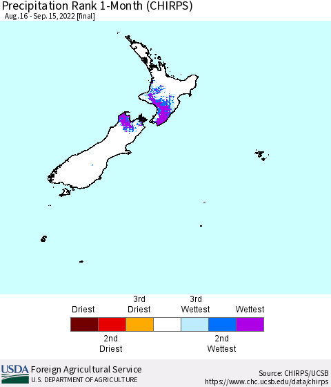 New Zealand Precipitation Rank since 1981, 1-Month (CHIRPS) Thematic Map For 8/16/2022 - 9/15/2022