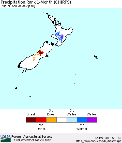New Zealand Precipitation Rank since 1981, 1-Month (CHIRPS) Thematic Map For 8/21/2022 - 9/20/2022