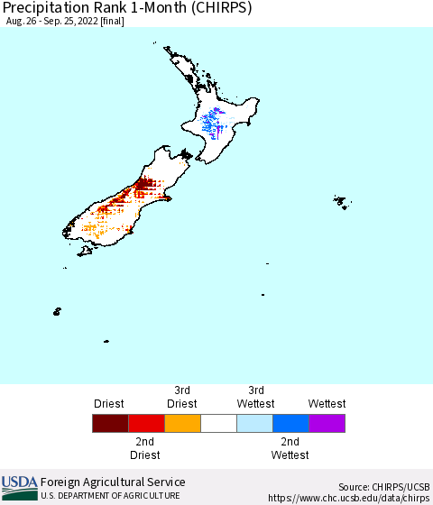 New Zealand Precipitation Rank since 1981, 1-Month (CHIRPS) Thematic Map For 8/26/2022 - 9/25/2022