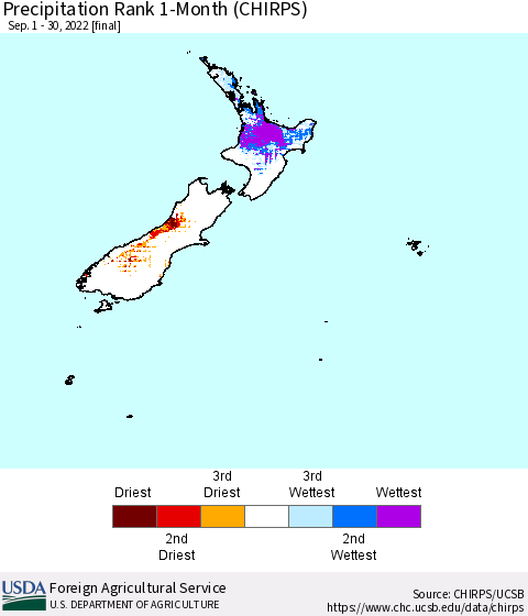 New Zealand Precipitation Rank since 1981, 1-Month (CHIRPS) Thematic Map For 9/1/2022 - 9/30/2022