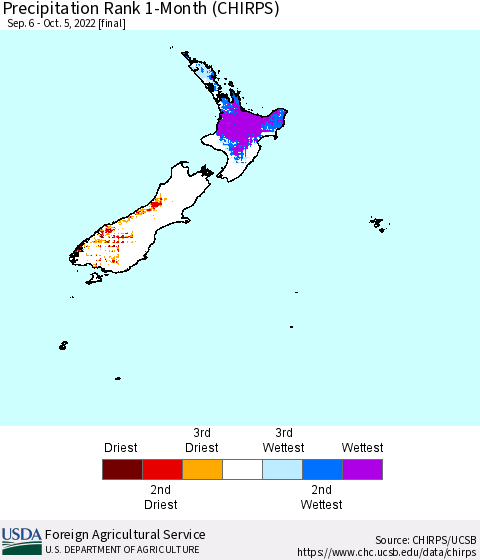 New Zealand Precipitation Rank since 1981, 1-Month (CHIRPS) Thematic Map For 9/6/2022 - 10/5/2022