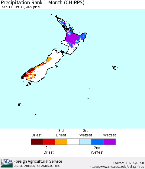 New Zealand Precipitation Rank since 1981, 1-Month (CHIRPS) Thematic Map For 9/11/2022 - 10/10/2022
