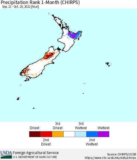New Zealand Precipitation Rank since 1981, 1-Month (CHIRPS) Thematic Map For 9/21/2022 - 10/20/2022