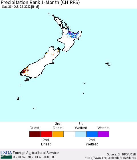New Zealand Precipitation Rank since 1981, 1-Month (CHIRPS) Thematic Map For 9/26/2022 - 10/25/2022