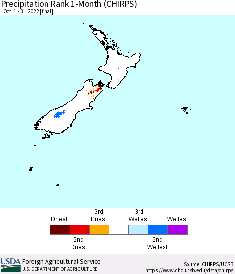 New Zealand Precipitation Rank since 1981, 1-Month (CHIRPS) Thematic Map For 10/1/2022 - 10/31/2022