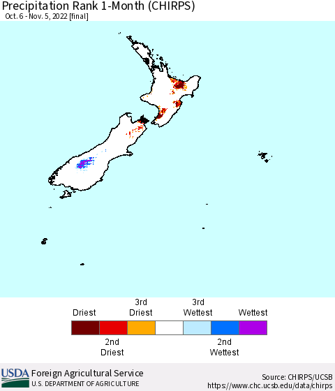 New Zealand Precipitation Rank since 1981, 1-Month (CHIRPS) Thematic Map For 10/6/2022 - 11/5/2022