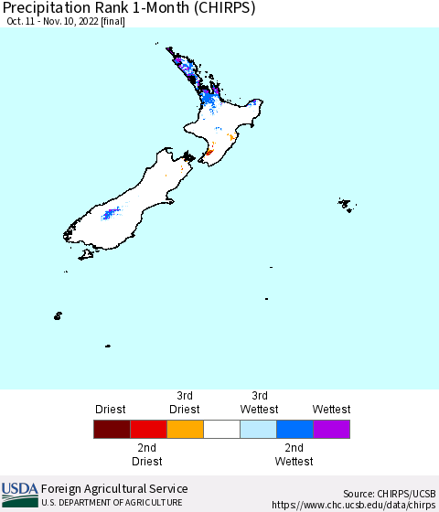 New Zealand Precipitation Rank since 1981, 1-Month (CHIRPS) Thematic Map For 10/11/2022 - 11/10/2022