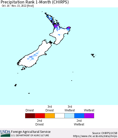 New Zealand Precipitation Rank since 1981, 1-Month (CHIRPS) Thematic Map For 10/16/2022 - 11/15/2022